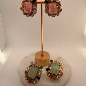 Sabyasachi Inspired Elegant Multicolor Gemstone Statement Earrings -Pink & Green